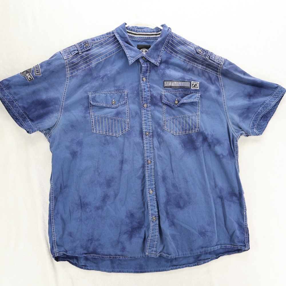 Affliction Live Fast Mens 4XL Blue Acid Wash Short Sleeve Button Up Shirt 73